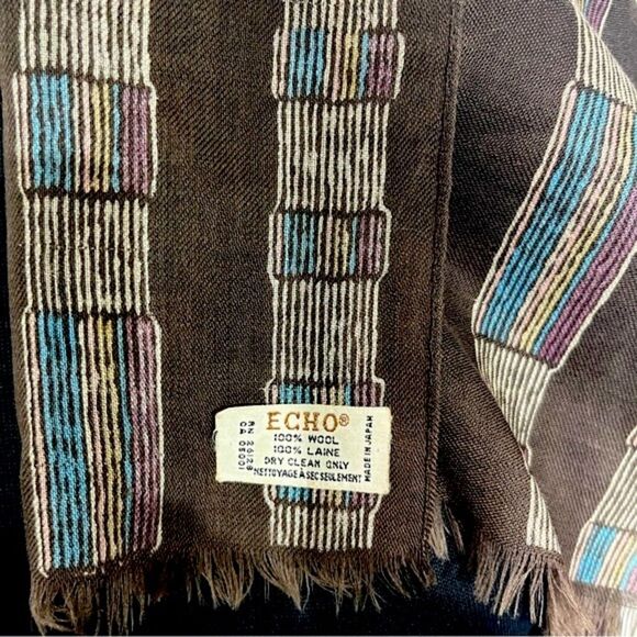Vintage ECHO 100% Wool Long Scarf, Brown with Cream Blue Stripe Abstract Design - Picture 4 of 7
